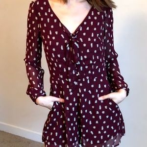 Maroon Owl Print Romper with Pockets
